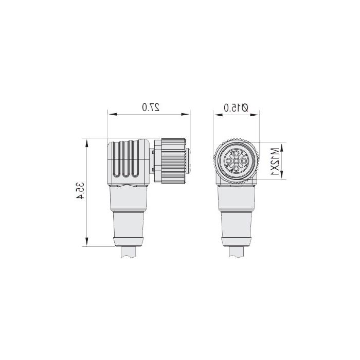 M12 5Pin、母头90°、单端预铸电缆、防焊渣PUR材质、黄色护套、64T541-XXX